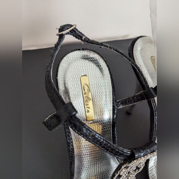 Celeste Black Rhinestone Heels – Size 7 – Strappy T-Strap Sandals - Picture 11 of 13